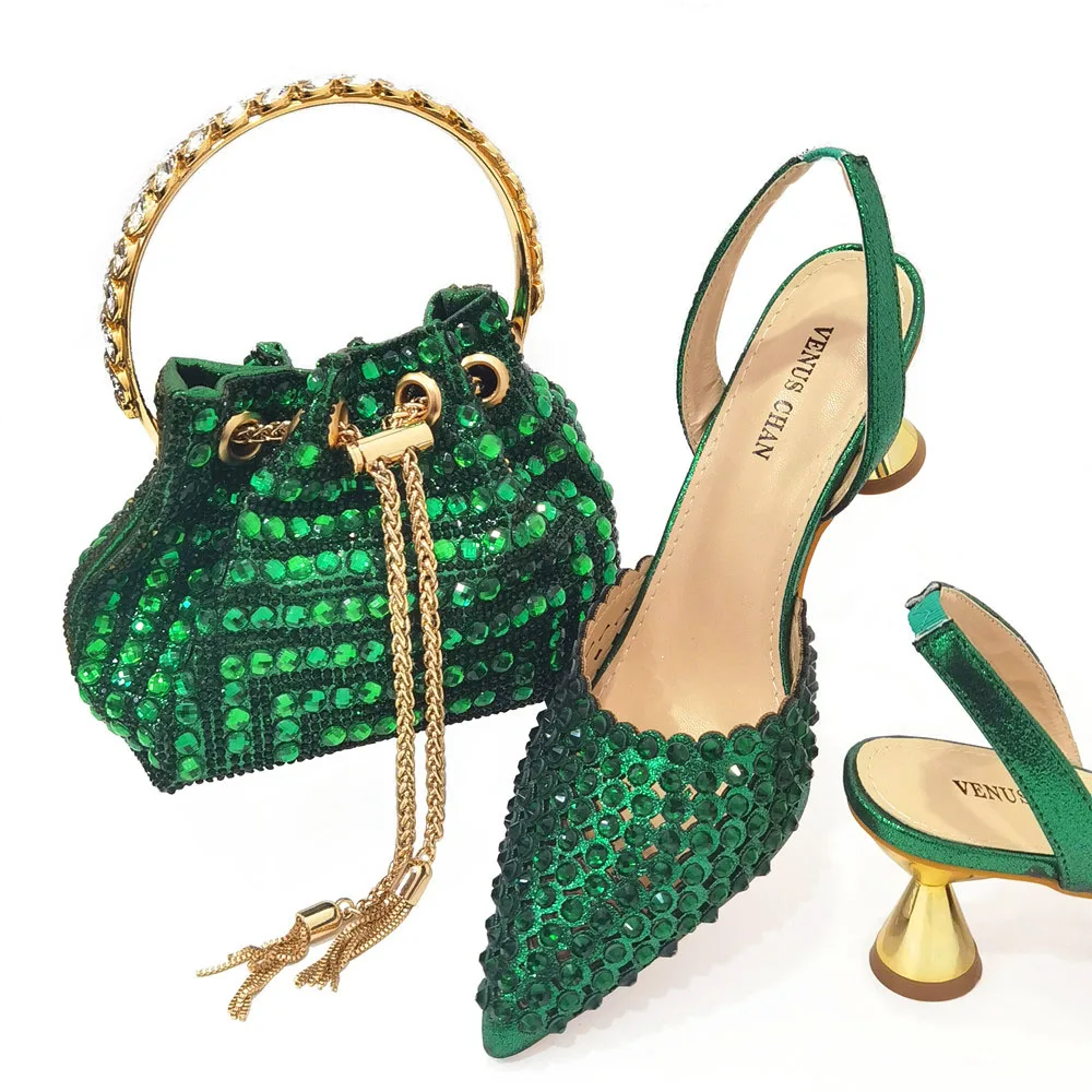 

Newest Fashion Metal Fish Bone Style Italian Design Women Shoes and Bag Decorated With Colorful Rhinestone in Green Color