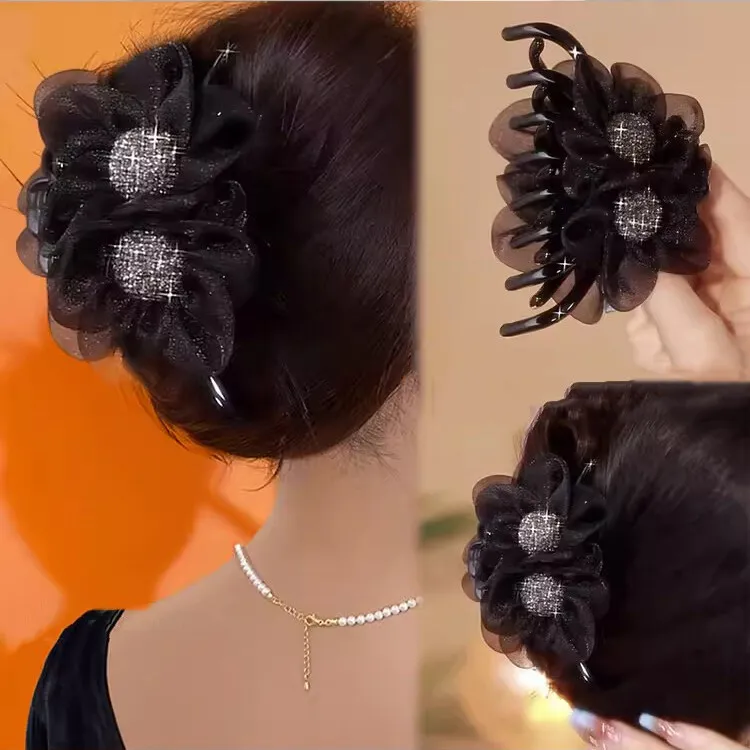 女性と女の子のための黒い花のヘアクリップ,爪のアクセサリー,新しいファッション