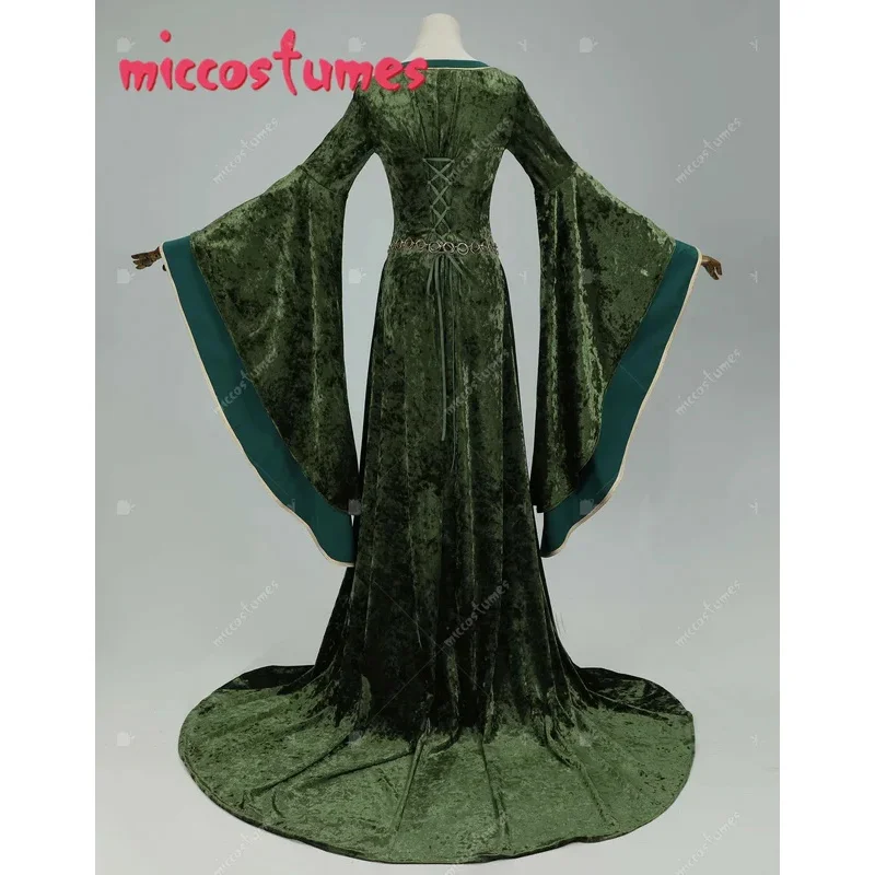 CyMICCOSTUMES عصر النهضة القرون الوسطى نمط Elinor مشتق طويل الأكمام واسعة فستان أخضر مخملي وسلسلة الخصر تأثيري حلي