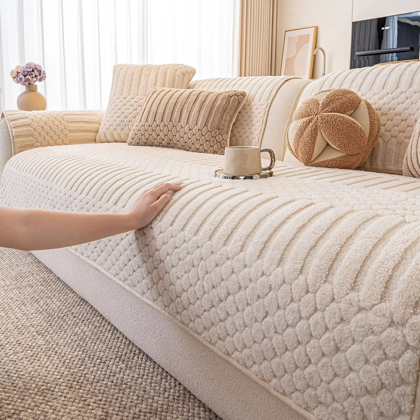 【In Stock】Fleece Velvet Sofa Cover Cream Style Solid Color Machine Washable Seat Cushion Pad Anti-slip Furniture Dust Slipcovers