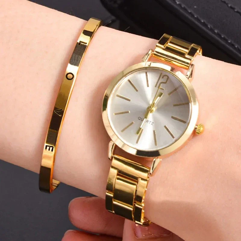 Womens Fashion Simple Digital Alloy Quartz Watch Bracelet 2 Piece Set Luxury Women Simple Dial Ladies Watch Reloj Mujer