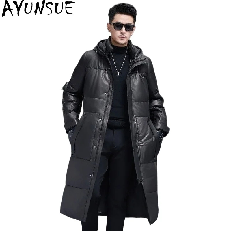

AYUNSUE 100% Genuine Leather Down Jacket Men Hooded Winter Real Cowhide White Duck Down Coat Long Warm Puffer Jackets Parkas