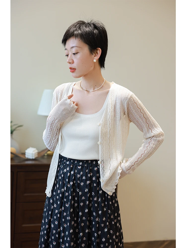 

Летний женский винтажный ажурный вязаный кардиган 2025 года, легкий, с защитой от солнца, длинный рукав, V-образный вырез, цветной