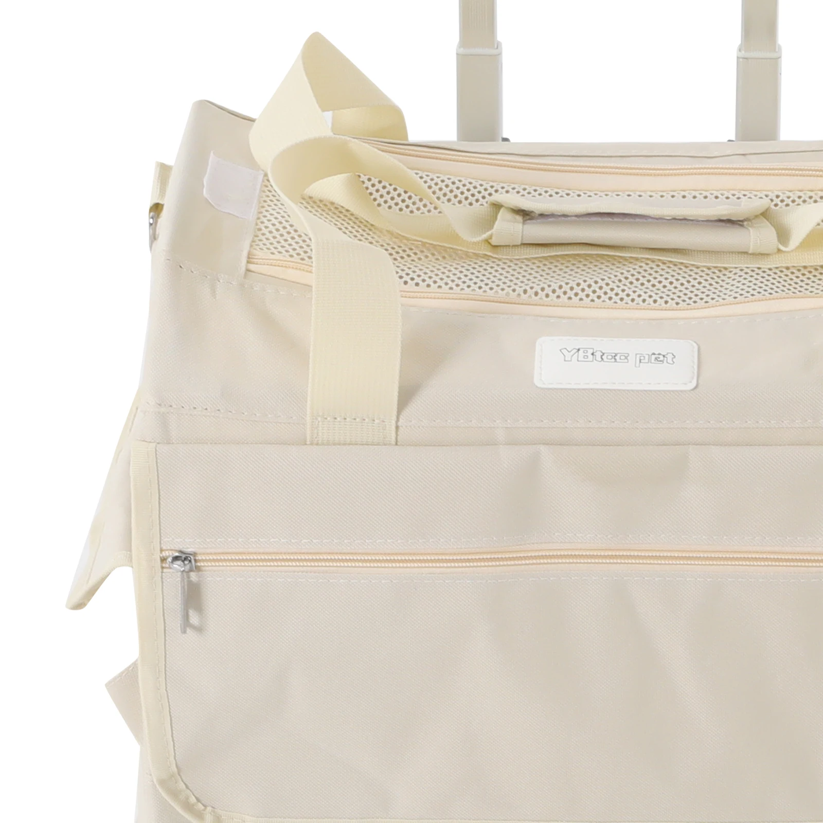 حقيبة عربة الحيوانات الأليفة باللون البيج مع نوافذ شبكية، حامل حيوانات أليفة متدحرج بطبقة مزدوجة، حامل حيوانات أليفة بعجلات لقطتين