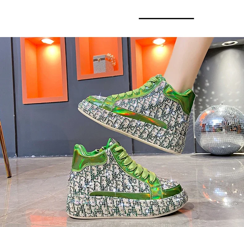 Women's Full Diamond Platform Sneakers Personalized Water Diamond Colored Embroidery Casual Shoes High Top Luxury Sports Shoes