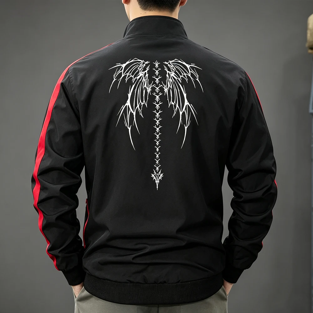 Men's Stand Collar Full Zip Sport Jacket Red Side Stripes Casual Daily Streetwear Running Outerwear Tops Skeletal Wings Print