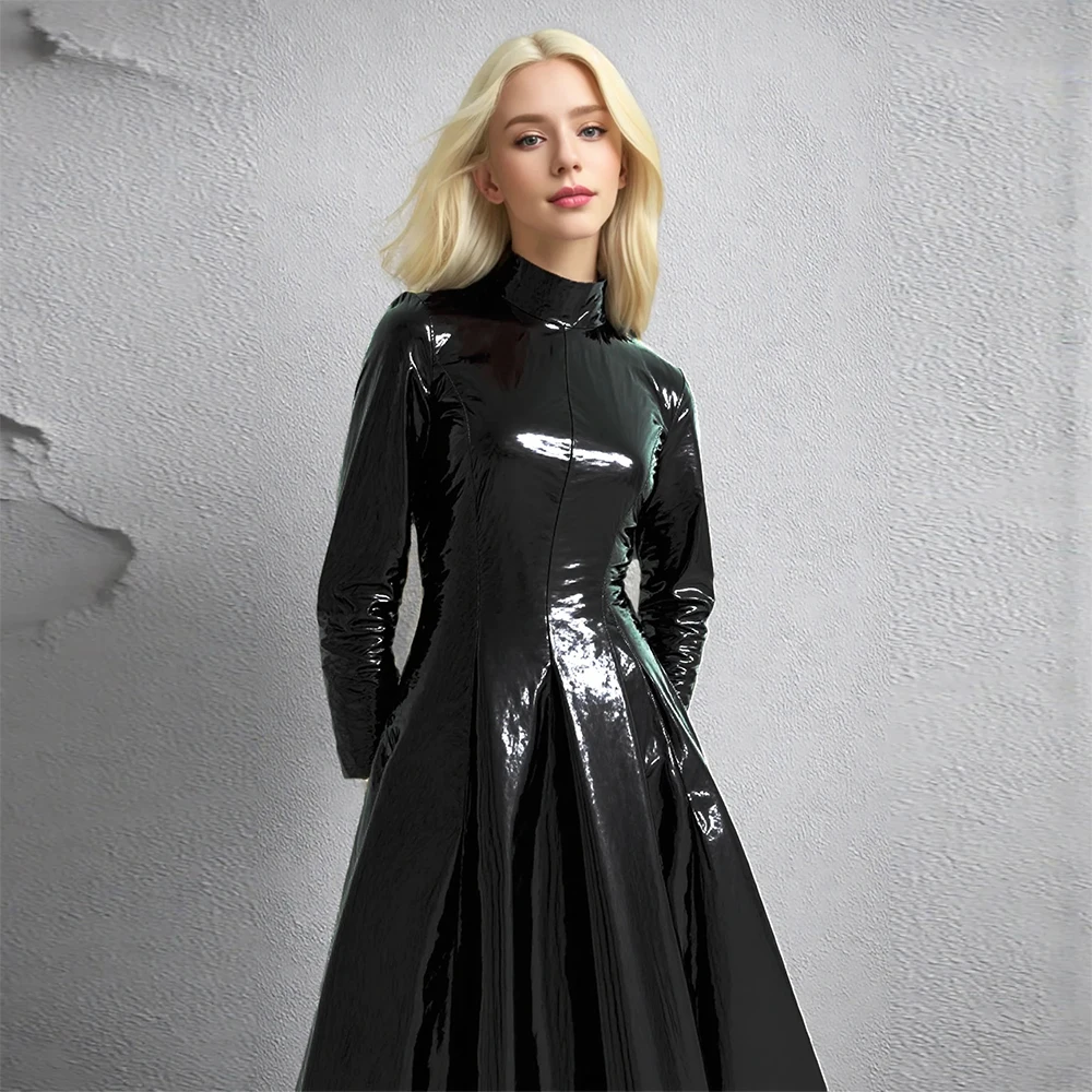 

Women Elegant Bright PU Leather Black High Street Dress Slim Long Sleeve Round Neck Bodycon Dress Streetwear Temperament Dresses