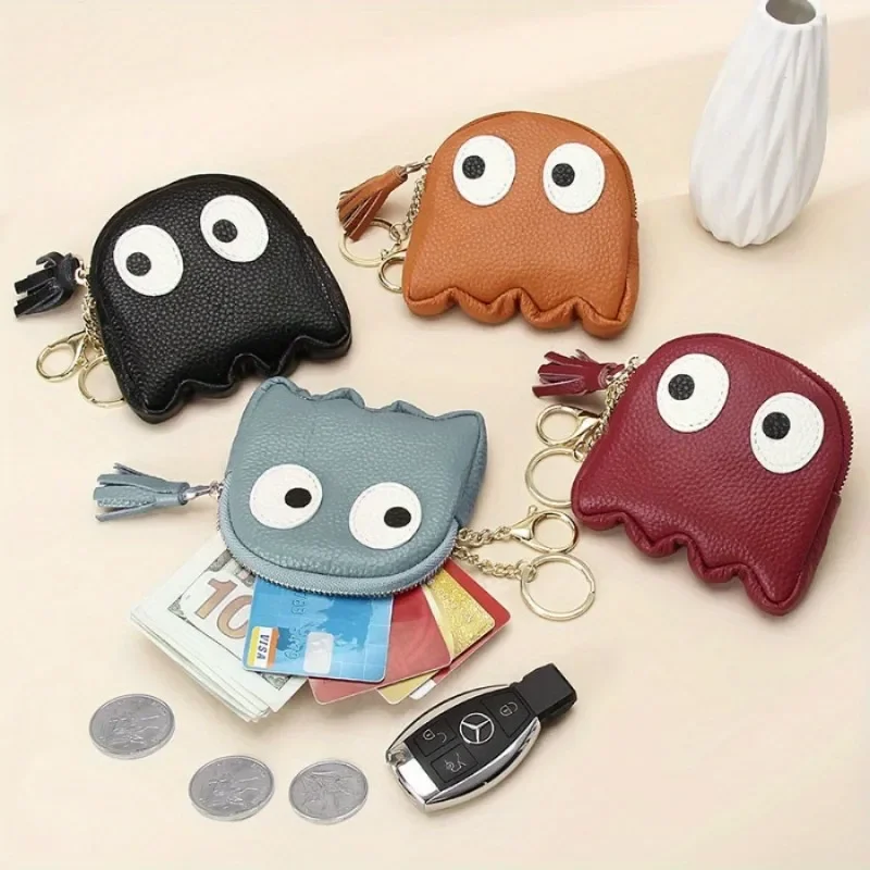 1PC Cute Cartoon Head Layer Cowhide Coin Purse Clutch Mini Creative Zipper Coin Purse Keychain Ladies Coin Purse