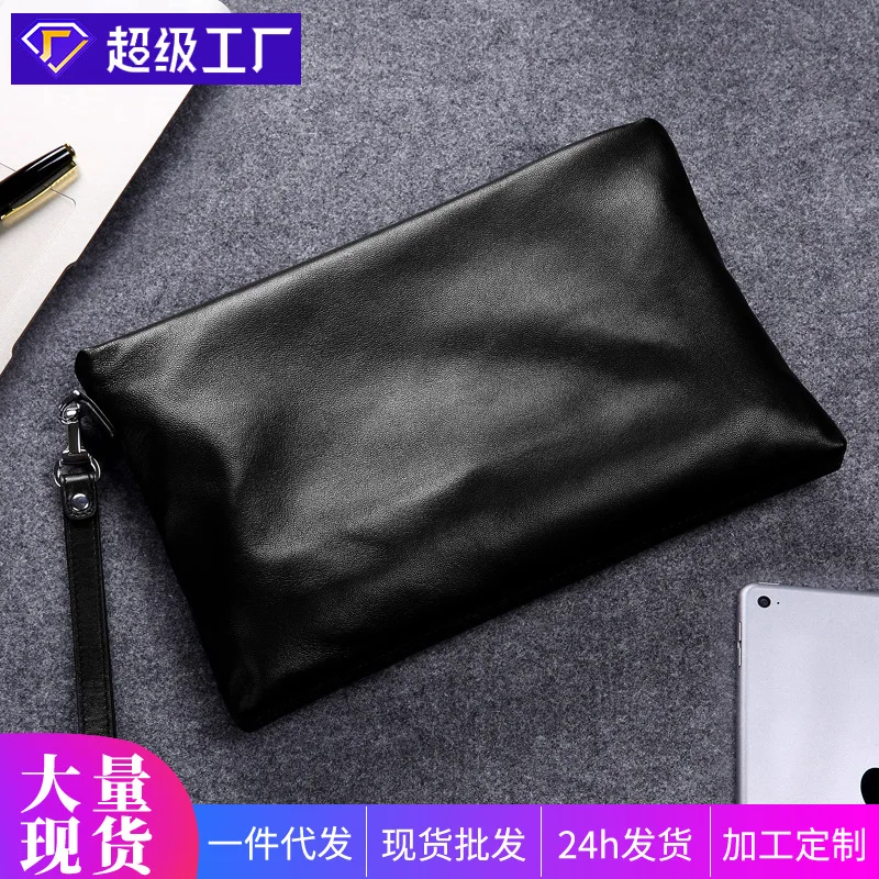 New Genuine Casual Handbag Top Layer Cowhide Envelope Bag Large Capacity Soft Leather Men's Purse Male Clutch Wallet Wristlet