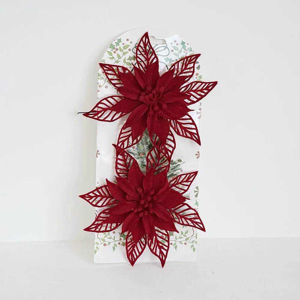 Vintage Artificial Christmas Poinsettia Multi Layer With Clip Flocked Flower Ornament Realistic Handmade Christmas Party Floral