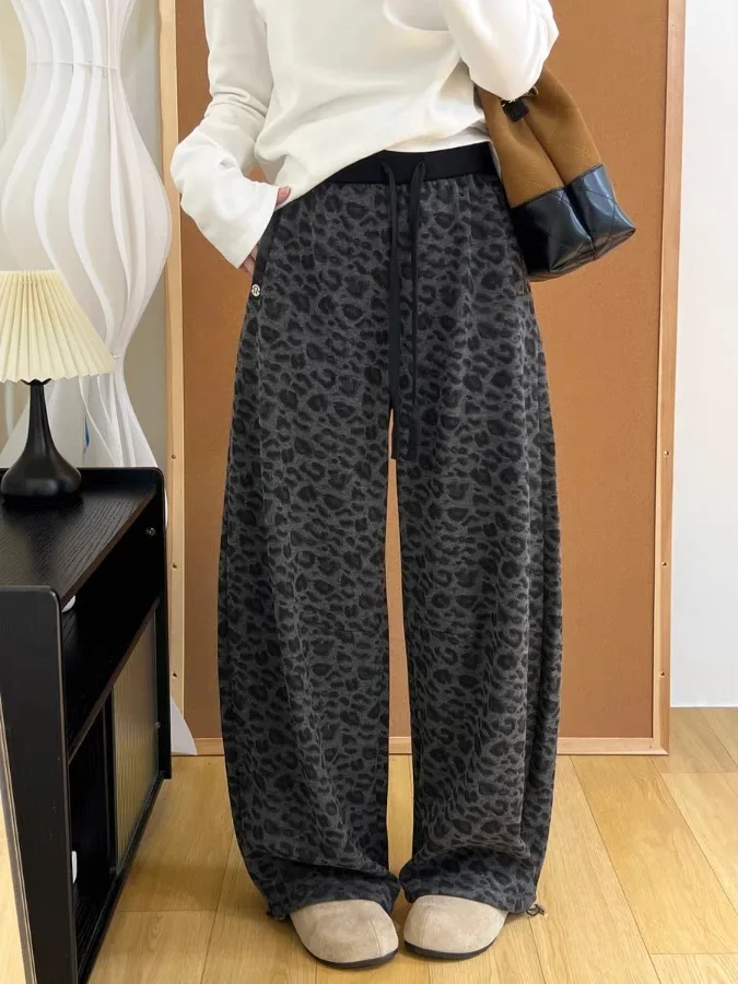 Authentique ey imprimé léopard taille haute pantalon à jambes larges pantalon pour femme saison d'hiver pantalon coupe ample décontracté