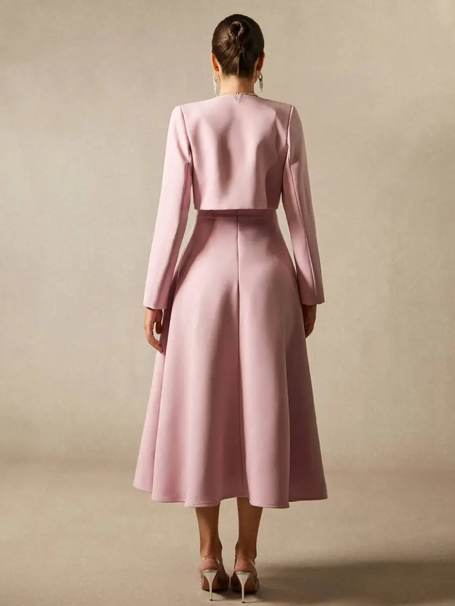 QMQA أزياء المرأة الأنيقة قطعتين مجموعات س الرقبة طويلة الأكمام معطف فوقي ساحة الرقبة أكمام أطقم فساتين 2025 الخريف QM897