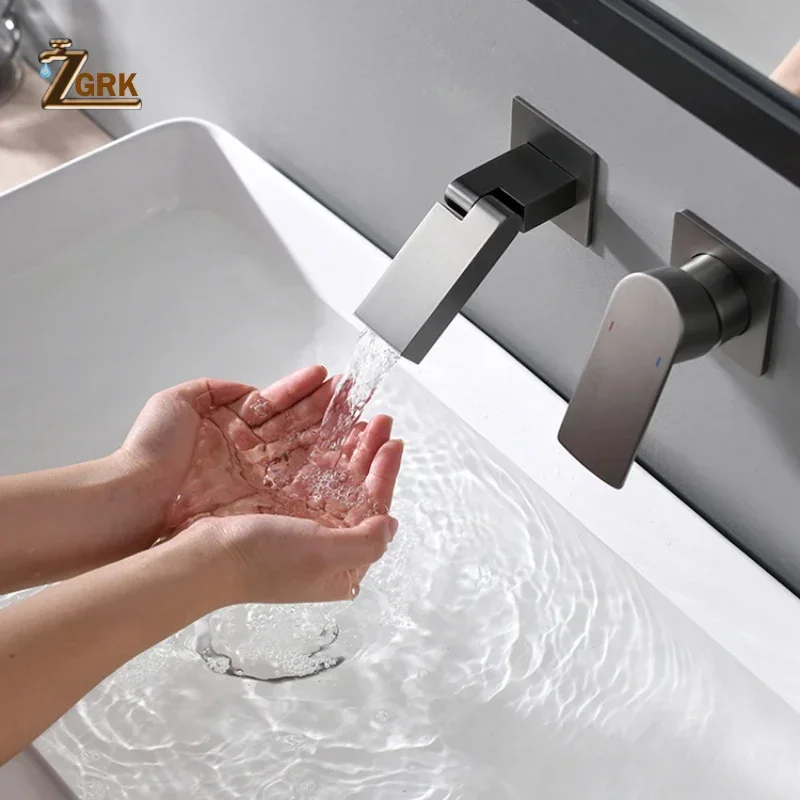 Solid Brass Concealed Faucet Wall Mounted Bathroom Basin Tap Black Hot and Cold Waterfall Faucet Single Handle Mixer Tap