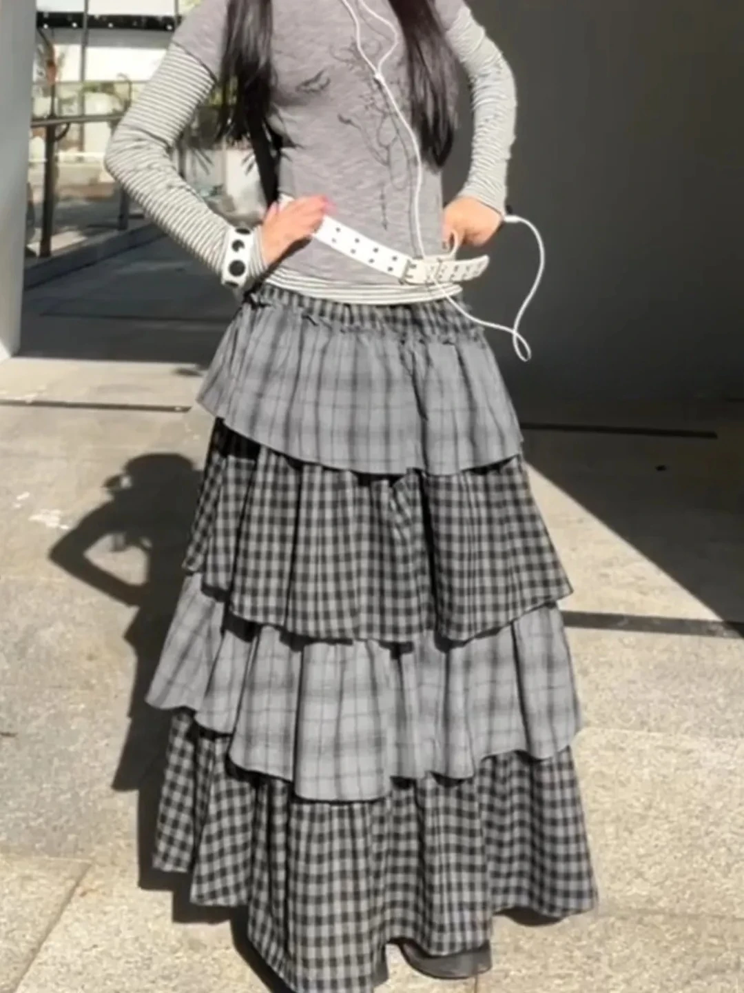 

Юбка в серую клетку в стиле Y2K с рюшами, женская повседневная многослойная юбка-тортик, эстетика субкультуры Харадзюку, уличная одежда в стиле Харадзюку, длинная юбка