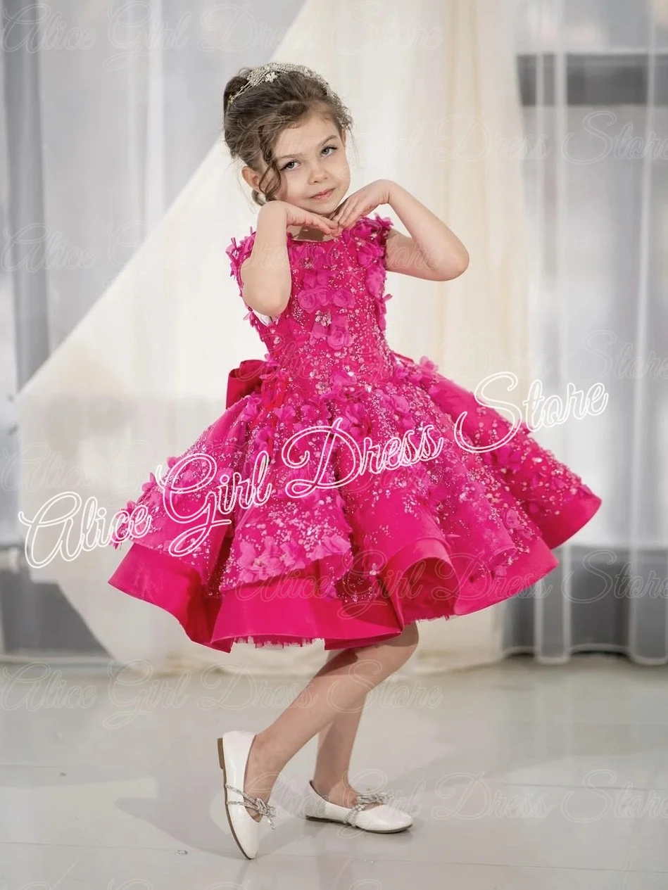 Pink Flower Girl Dresses for Wedding Sleeveless Lace Appliques Knee Length Gown for Photoshoot First Communion Gowns Customized
