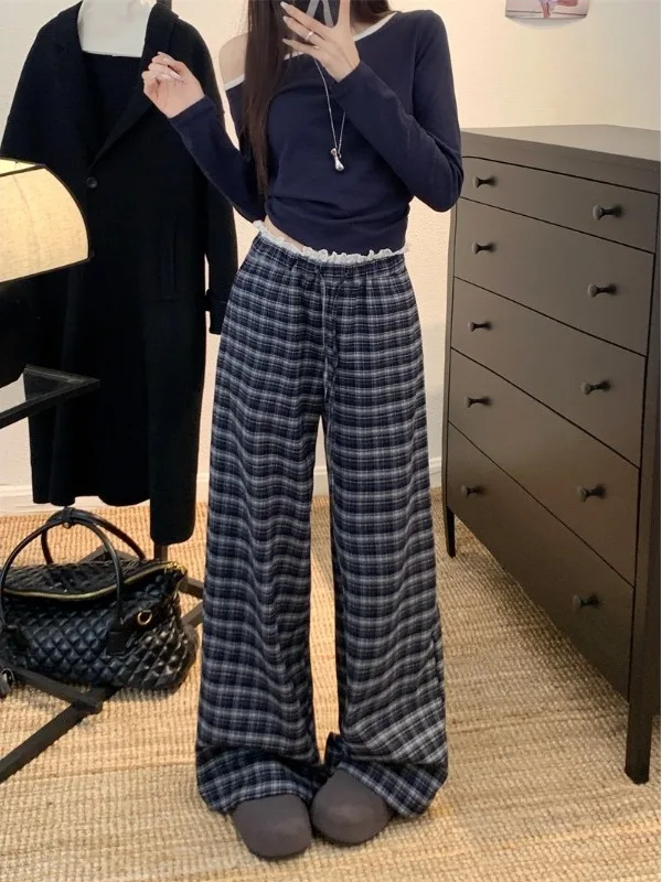 

plus Size Women's Vintage Lace Trimmed Plaid Casual Pants High Waist Versatile Wide Leg Trendy Korean Style Commute Straight Cut