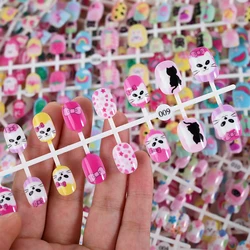 24Pcs Press on Nails for Kids Children Acrylic Fake Nails Pre-glue Full Cover Kawaii Cute Cat Butterfly Girls Short False Nails
