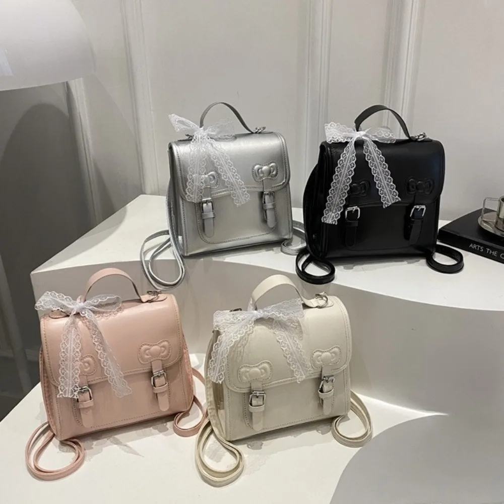 

Cute Square Bow Backpack Small Pack Solid Color PU Backpack Korean Style Handbag Student School Bag Girls