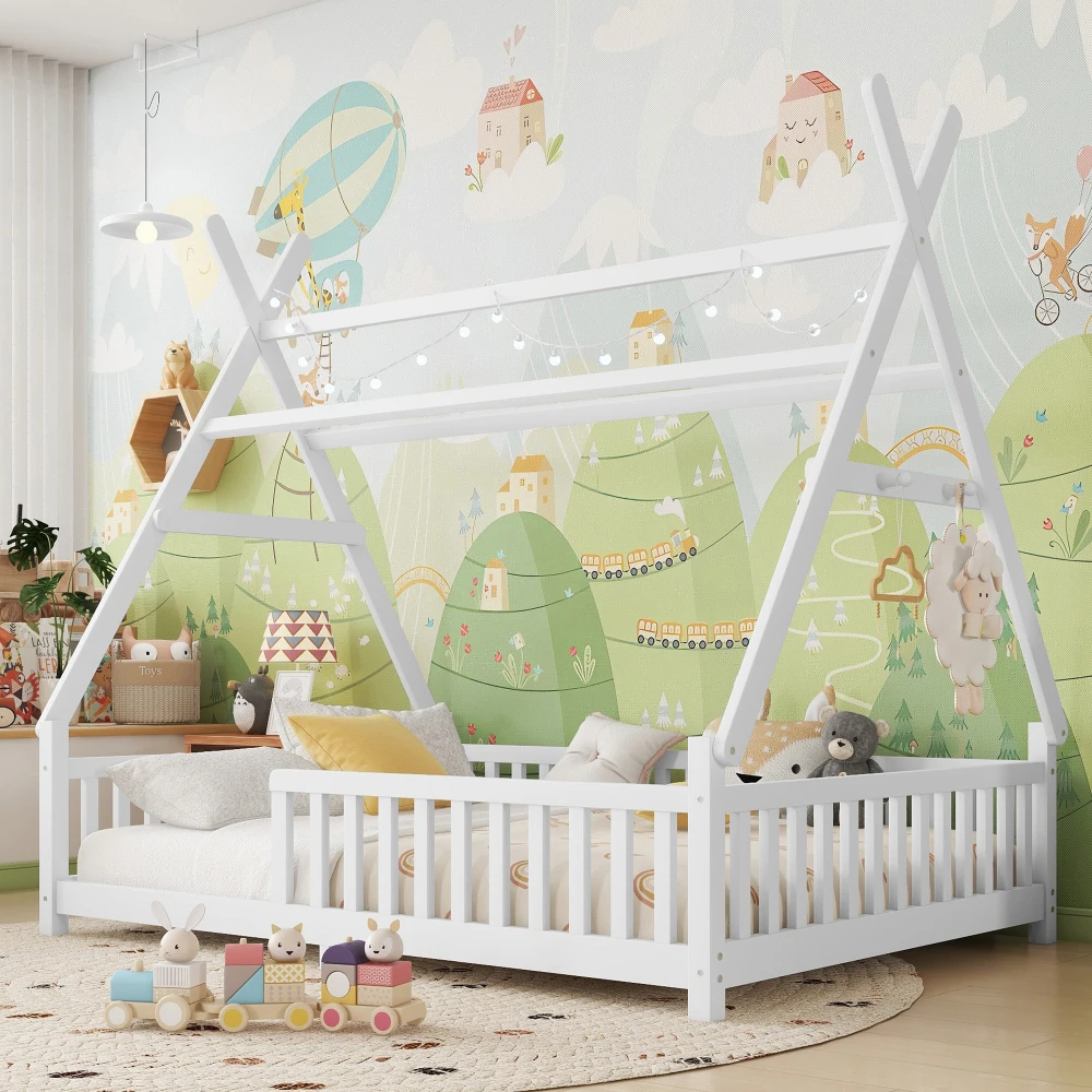 

Full House Bed with Light, Low Floor House Bed with Fence and Roof for Kids Boys Girls,White(Expect arrive date 2025/7/20)