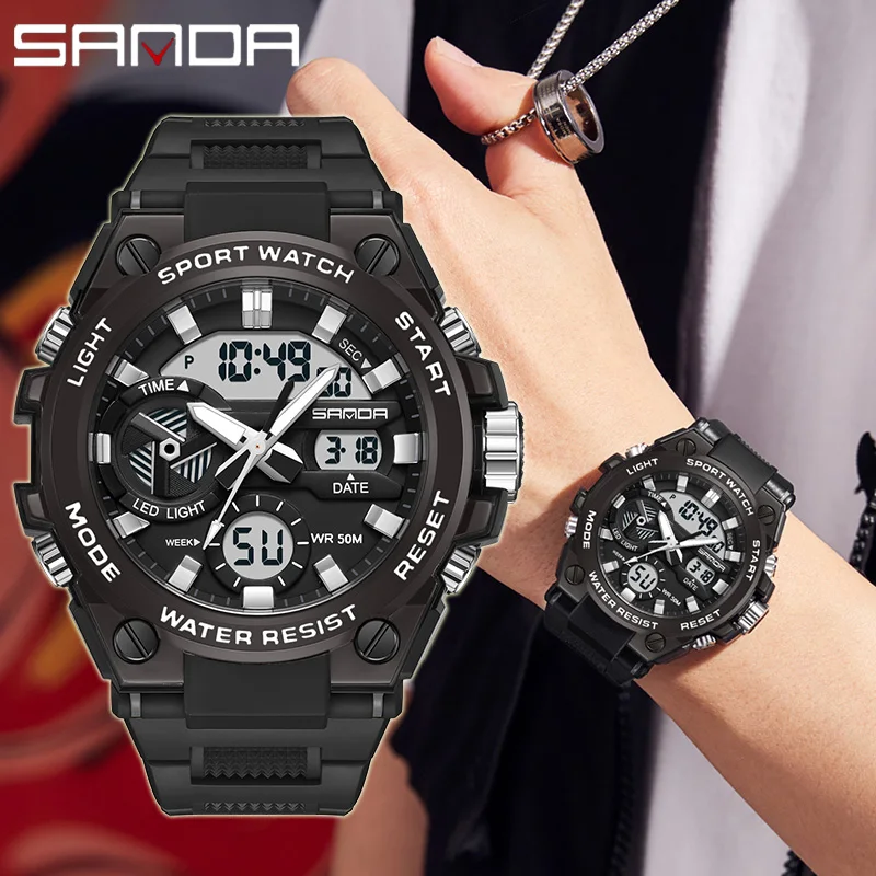 SAMDA New Fashion Military Sport Style Watches For Men 50M Waterproof Alarm Clock Dual Display Quartz Male Wristwatch Man Watch