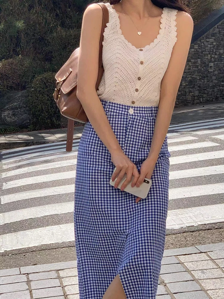 Modna spódnica w kratę damska z wysokim stanem, rozkloszowana spódnica midi, wiosna 2024, szykowna i stylowa, dopasowana długa spódnica.