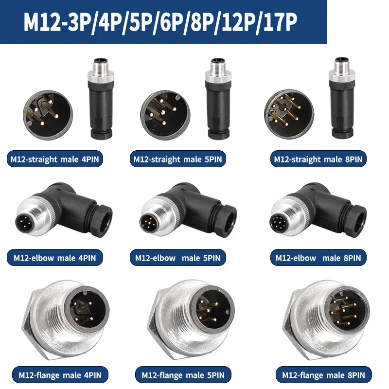 5/20 PCS Wholesale M12 Waterproof Aviation Plug Connectors, 90 Degree Right Angle Shielded Flange Sensor IP67 Connectors