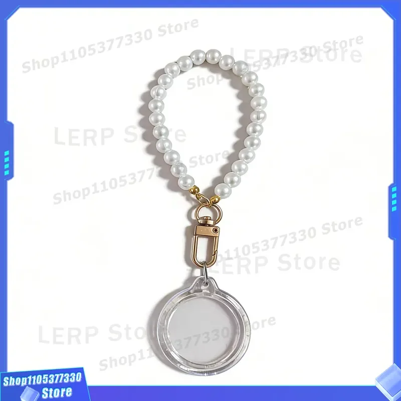 200 Pcs Imitation Pearl Wrist Strap Acrylic Blank Photo Keychains with Round Paper Cutter Mini Clear Photo Frame Insert