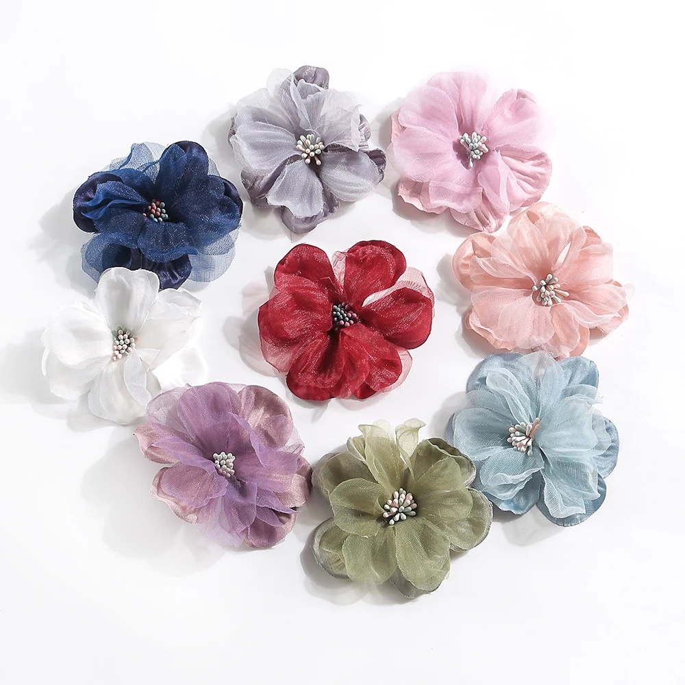 10Pcs Soft Chiffon Flowers Head DIY Wedding Bridel Dress Sewing Girl Hairpin Decoration Accessories For Needlework Handicraft