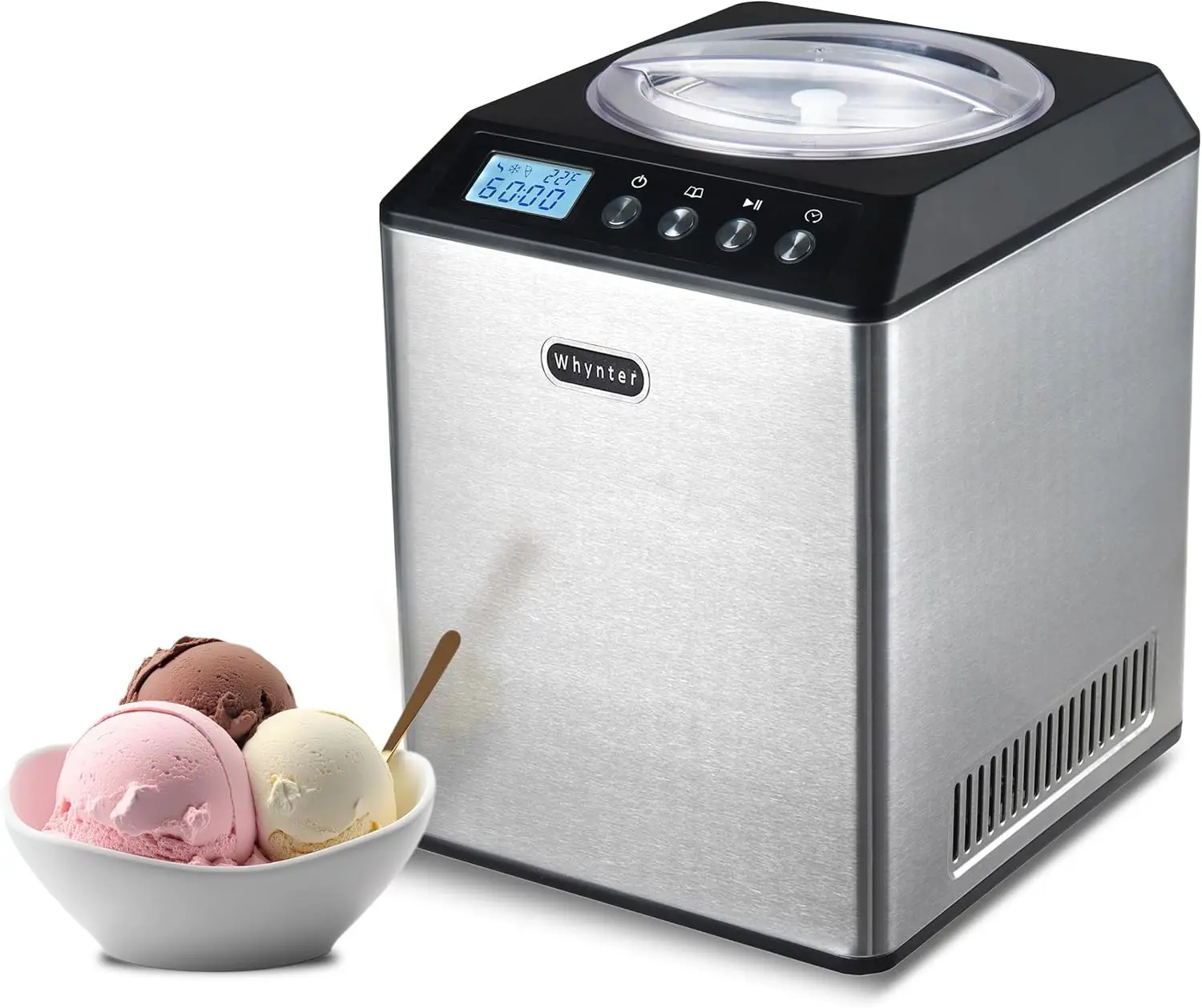 Ice Cream Maker Machine Automatic 2.1 Qt. upright with Built-in Compressor, LCD Digital Display & Timer, No Pre-Freezing