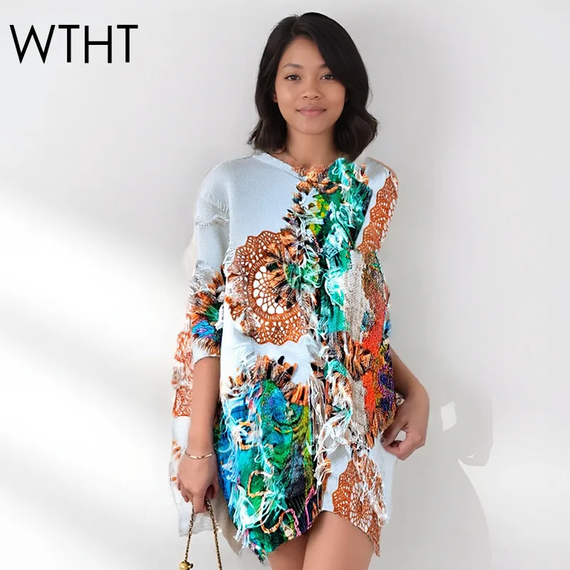 

WTHT новые модные женские повседневные контрастные цветные вязаные пуловеры с краями 2025, зимний свитер с круглым вырезом и длинными рукавами, женский 1LS2764