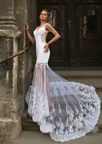 Vestido De novia blanco elegante, cola desmontable 3 en 1, apliques De encaje, cuello transparente, Espalda descubierta, 2023