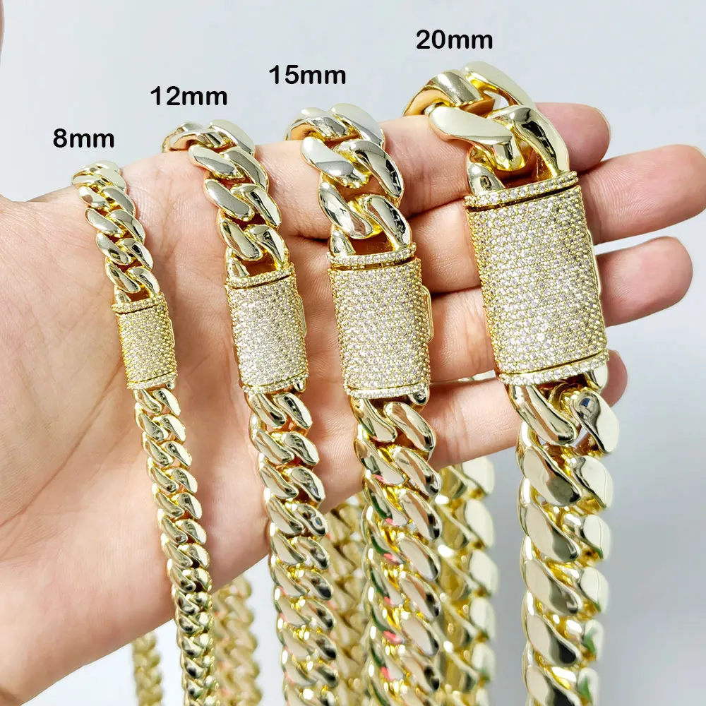 Hip Hop Miami Cuban Link Chain Necklace Men Brass 14K Gold Plated 8‑20mm Cubic Zirconia Iced Out Box Clasp Chunky Chain Unisex