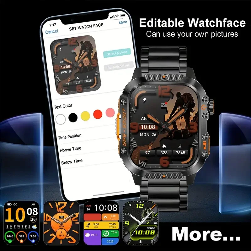 2025New العسكرية في الهواء الطلق الرياضة GPS موقف SmartWatch الرجال 3ATM مقاوم للماء البوصلة مقياس الارتفاع 540mAh BT دعوة اللياقة البدنية الساعات الذكية