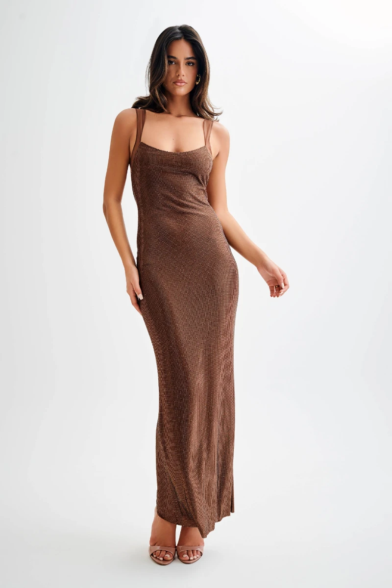 

Sexy Brown Rhinestone Spaghetti Strap Dress Square Collar Backless Shiny Diamonds Slim Bodycon Evening Party Cocktail Gowns
