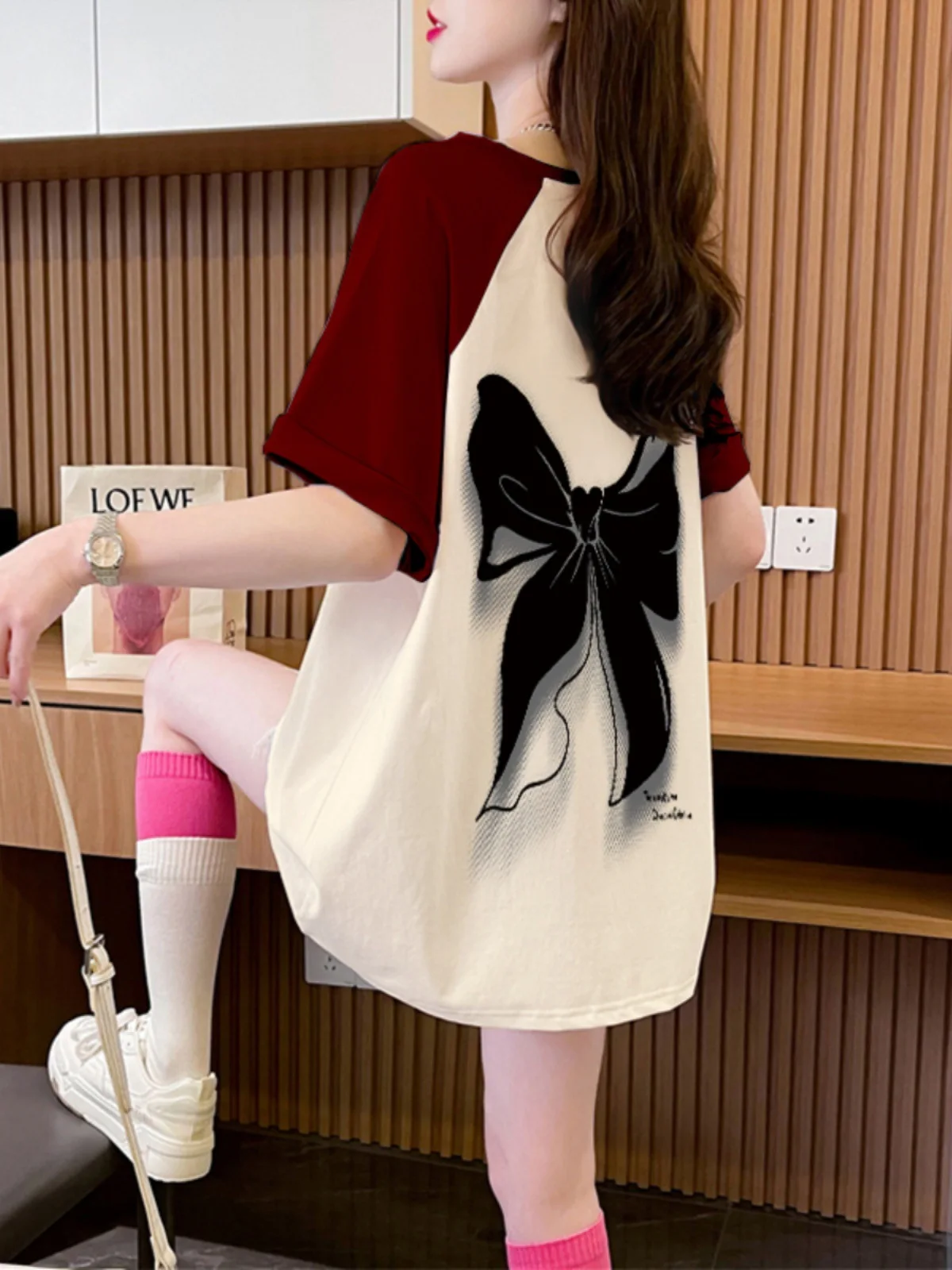 

Women's Raglan Sleeve Short Sleeve T Shirt 2026 New Summer Cotton Loose Bow Contrast Color Longline Top