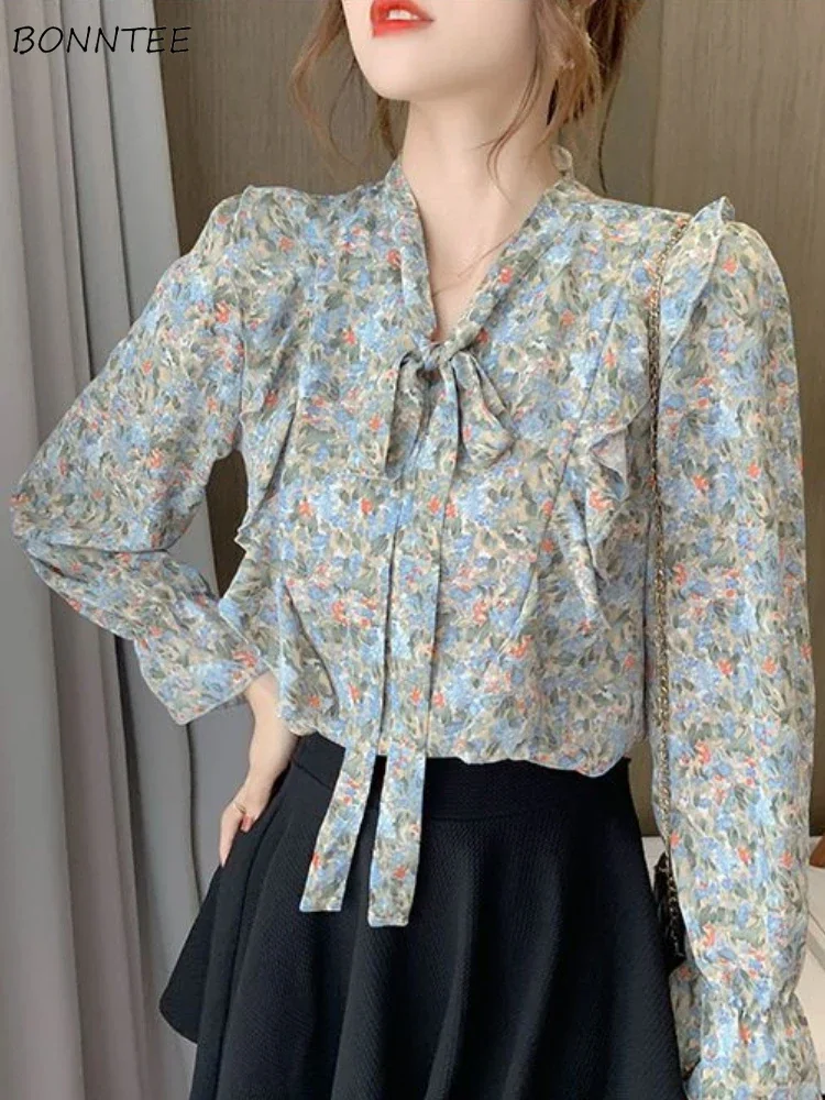 

Floral Blouses Women Bow Lace-up V-neck Chiffon Butterfly Sleeve Streetwear Trendy Temper Gentle All-match Loose Chic Sweet Top