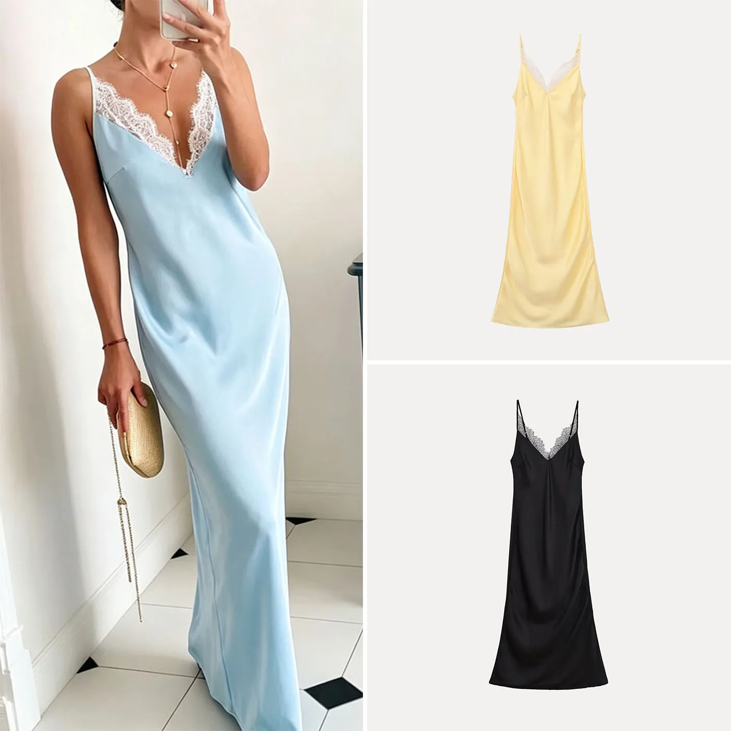 Fashionable Multi-Color Deep V-neck Lace Trim Slim Fit Strapless Dress Women's Casual High Waist Gown Zadata Brand New 2026