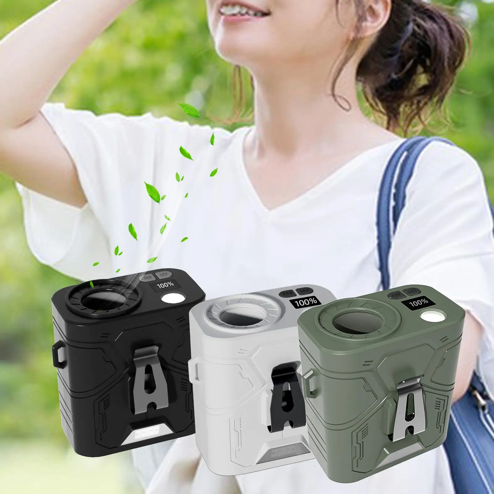 10000mah Waist Clip Fan with Flashlight USB Rechargeable Portable 5 Speeds Adjustable Belt Fan for Camping Outdoor