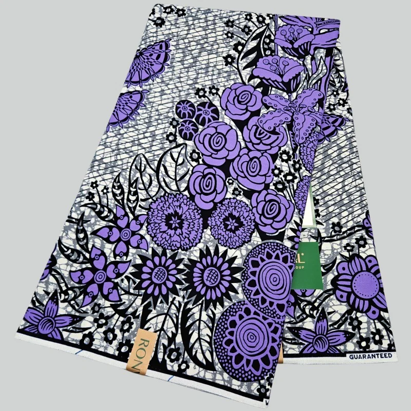 

6 ярдов длинная хлопковая восковая ткань в африканском стиле для шитья платья, дивана, занавески, скатерти, фиолетовая хлопковая ткань с цветочным принтом R2755