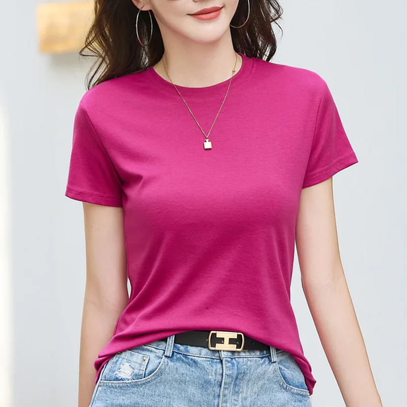 Solid Color Short-sleeved Women's T-shirt Summer Casual Women's Light Board Cotton Base Shirt Women's Round Neck T-shirt Top