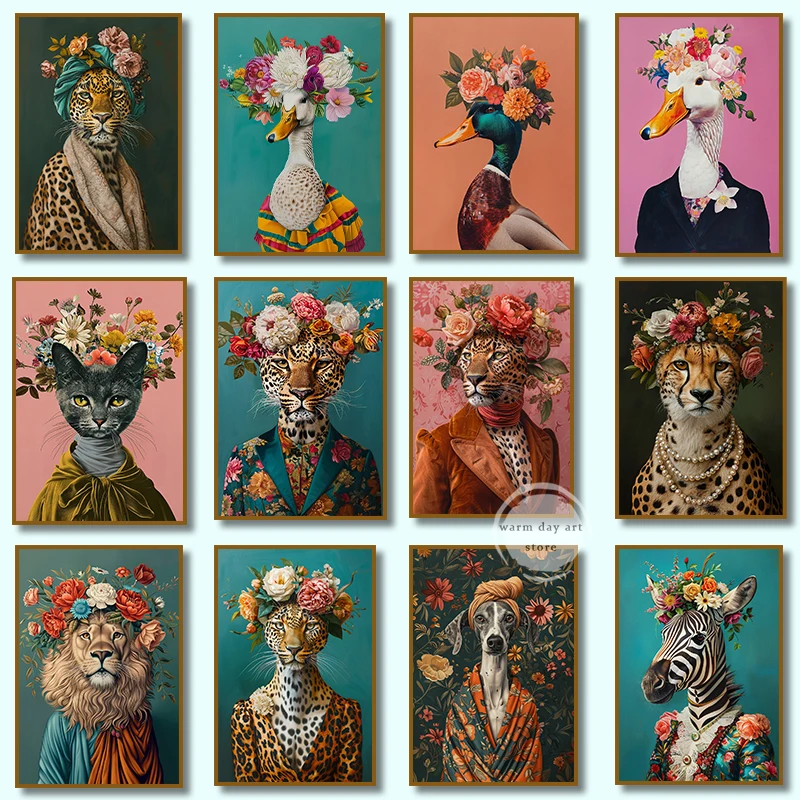 Colourful Flowery Animal Portrait Poster Cheetah Duck Cat Zebra Lion Prints Canvas Printing Wall Art for Living Room Home Dec