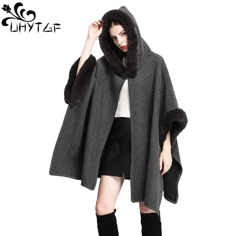 Europe America Shawl Womens Fur Collar Hooded Rabbit Fur Ponchos And Capes Jacket Ladies Loose Winter Cape Wool Coat Female 2405