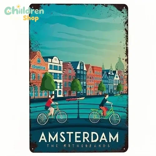 Amsterdam The Netherlands Tin Metal Sign Distressed Dutch Canal Bicycles Wall Ar,No Frame