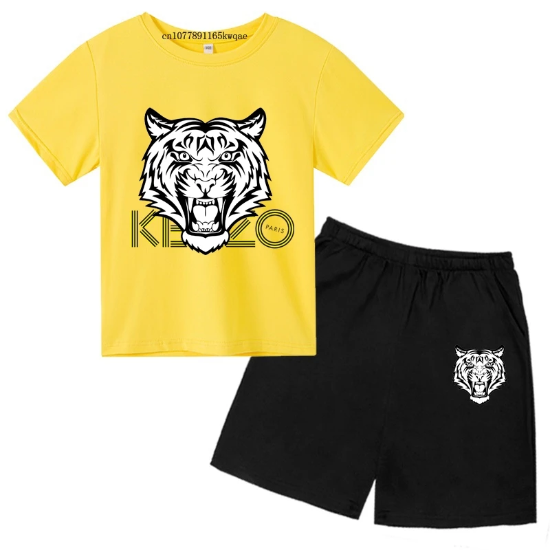 Tiger Head Kids Summer 2pcs Leisure Breathable T-shirts+Pants Sports Suits 3-13Years Boys Girls Casual Sets Children Clothes