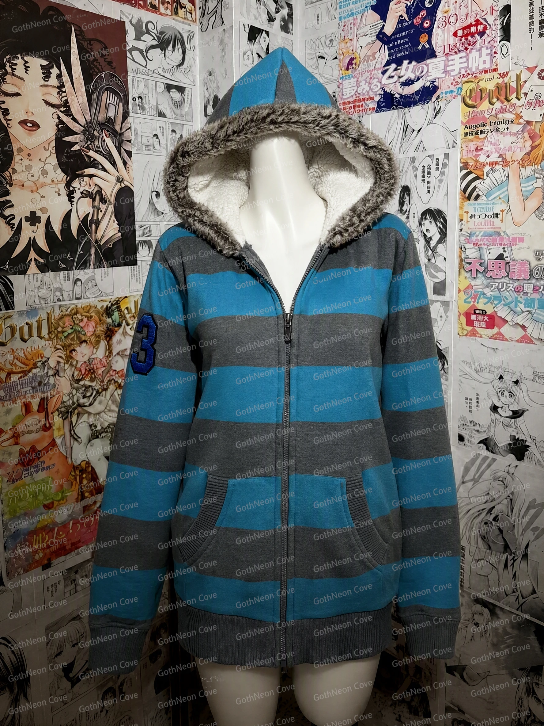 Japanese Stripe Patchwork Furry Hoodie Women Y2k Aesthetic Warm Pocket Grunge Hoodies Harajuku Casual Loose Zipper Sweatshirt