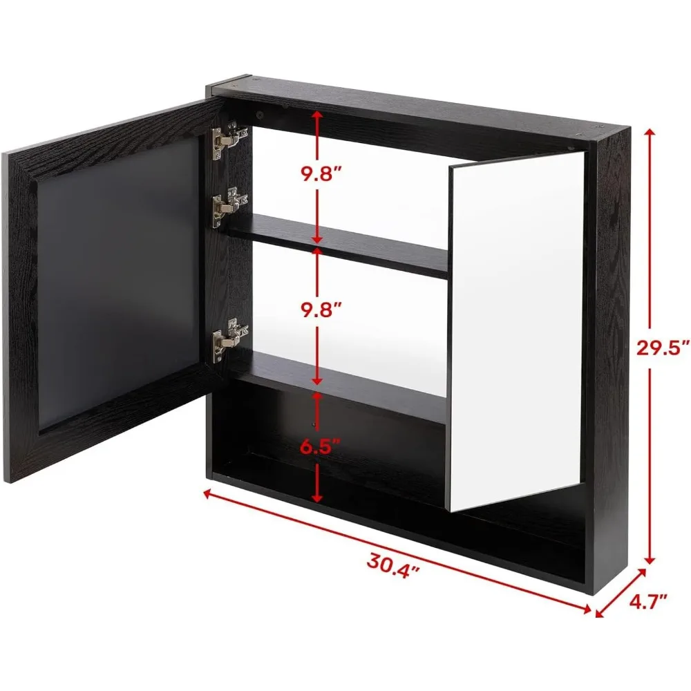 Medicine Cabinet with Mirror and Shelves, Bathroom Wood Wall Cabinet Recessed or Surface Mount, 30.07 Inch X 30 Inch