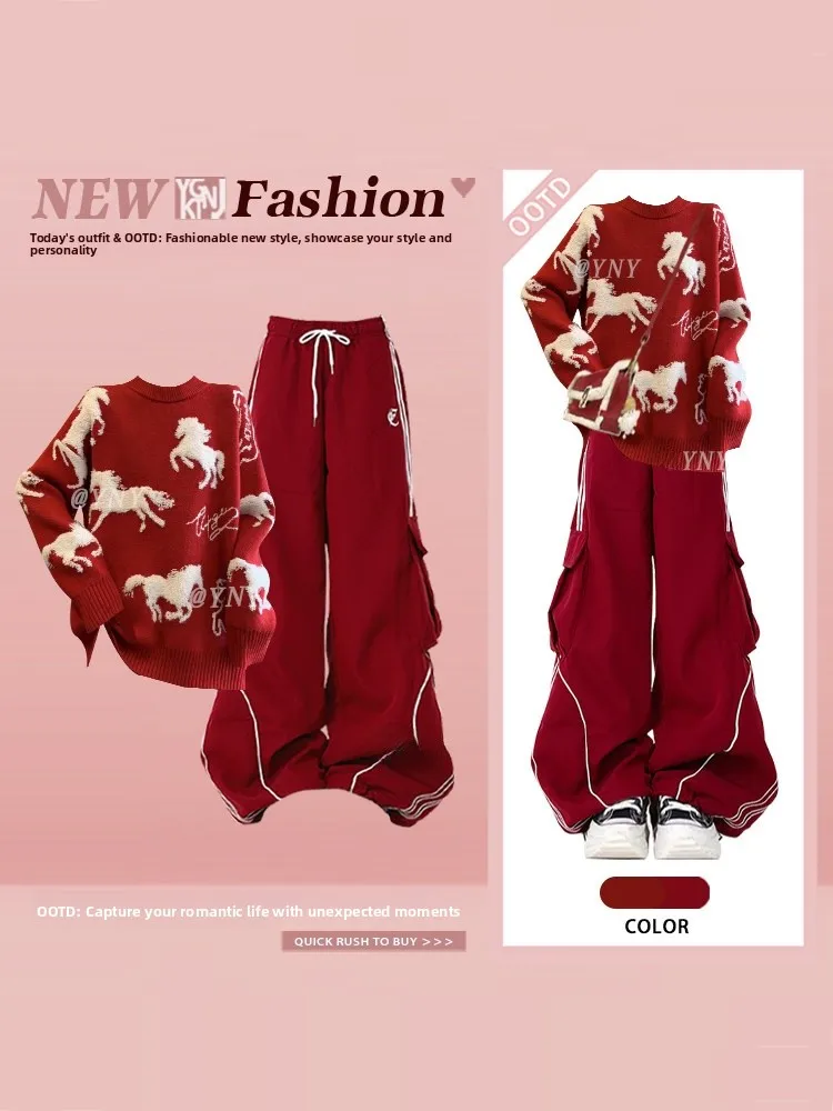 

Новогодний комплект свитера с красным рисунком, женские винтажные спортивные повседневные брюки, дизайн с завязками, модный костюм из двух предметов