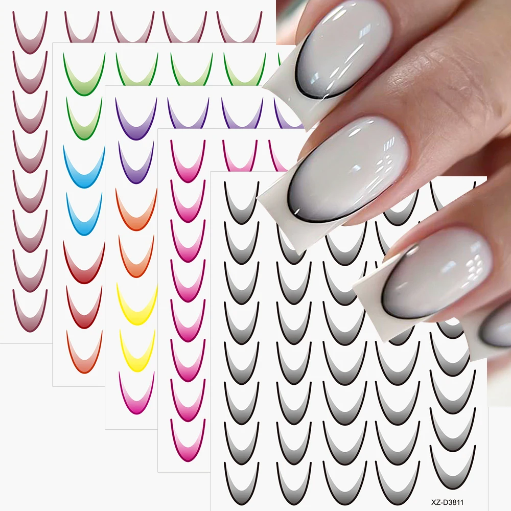 18pcs 3D Colorful Stripes Line Transfer Nail Decals Gradient French Curved Line Nail Stickers Adhesive Guides Gel Polish Wraps S