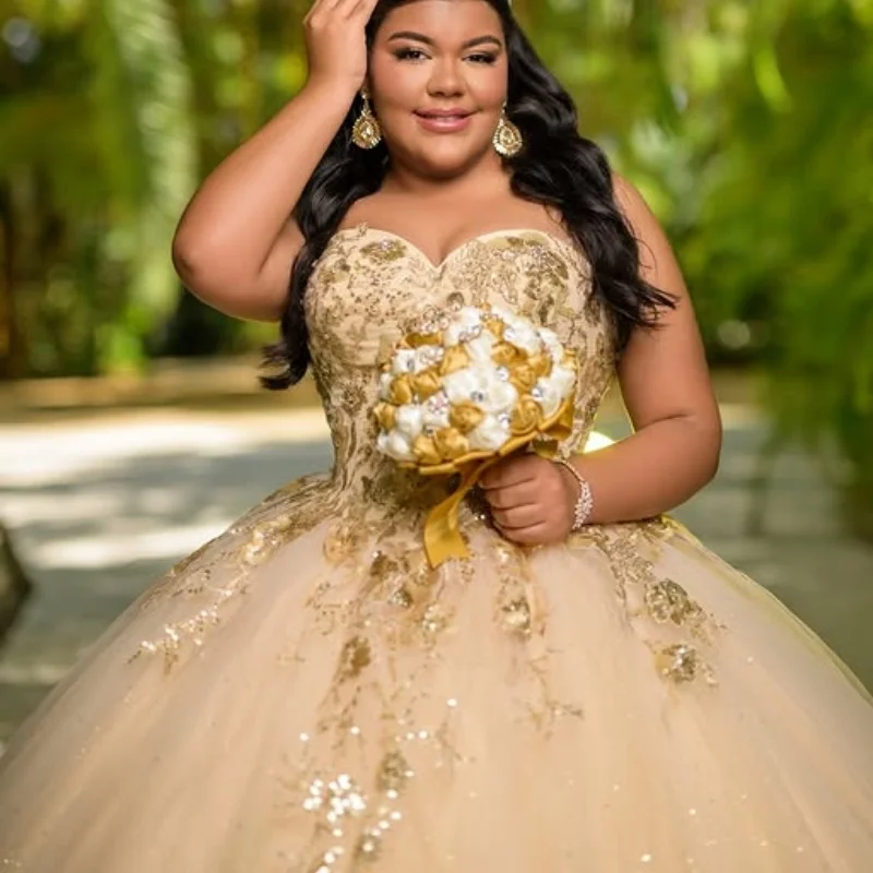 

Customized Shiny champagne color Quinceanera Dresses Off the Shoulder sequin applique Long tail Tull Vestido 15 Quinceanera