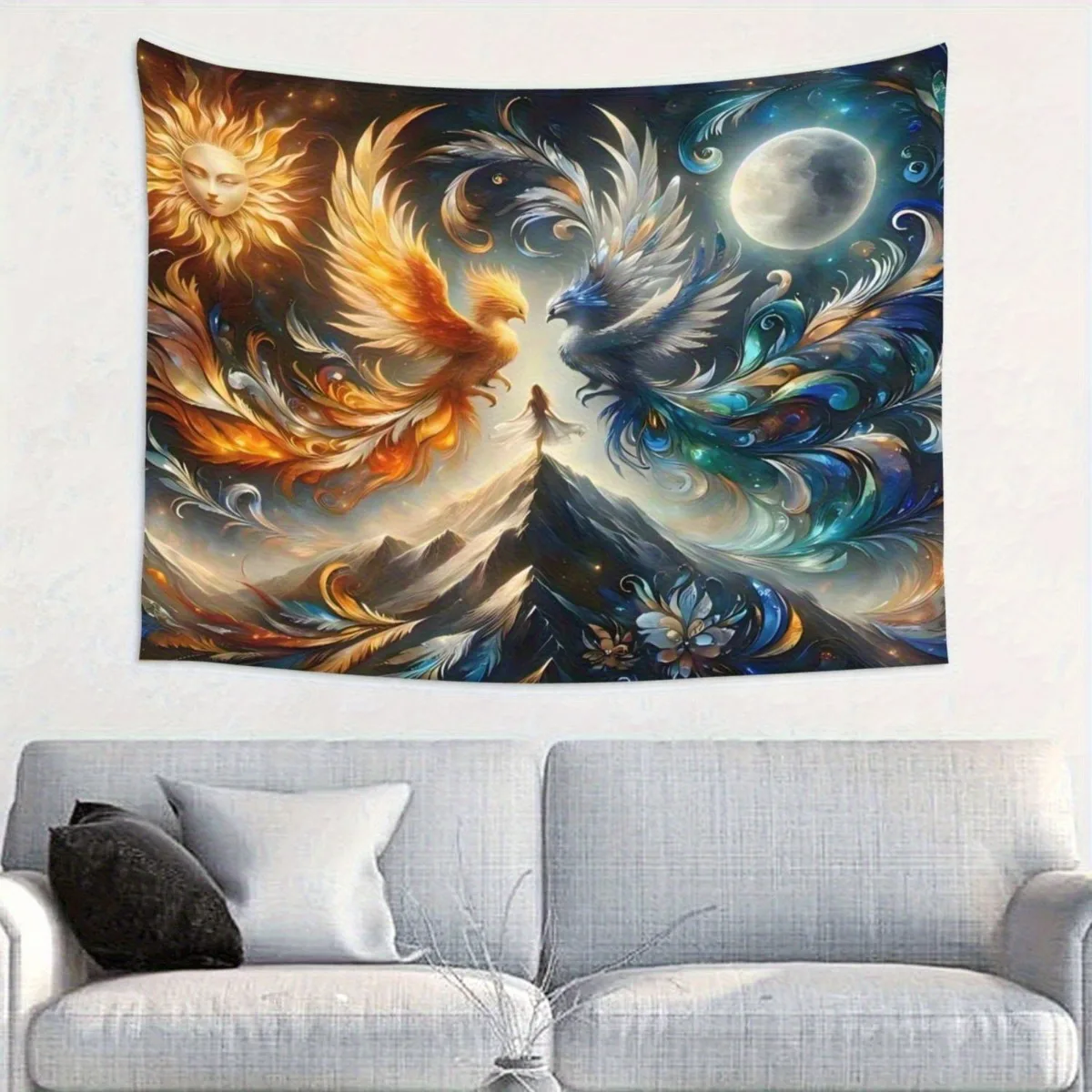 Sun Moon Phoenix Dragon Dualism Cosmic Mountain 2D Flat Tapestry Backdrop For Bedroom Decor Spiritual Wall Hanging Art Print